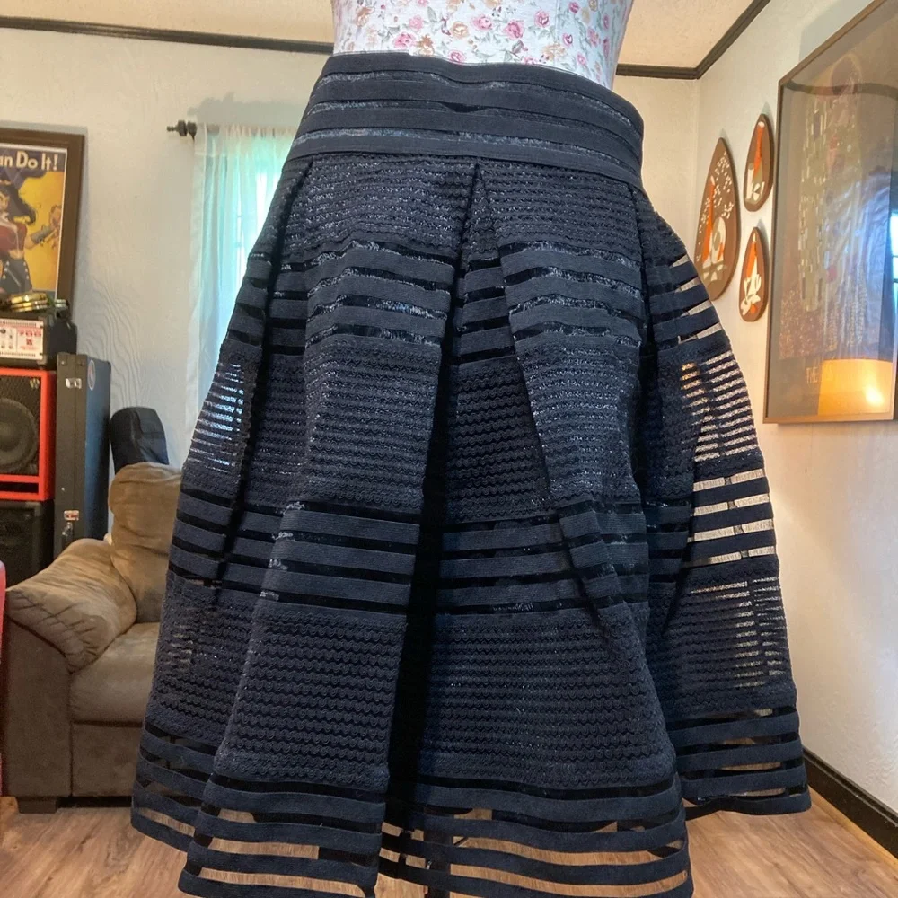 Black cute fun short mini torrid skirt lined w/striped sheer overlay Halloween?? - Picture 1 of 7